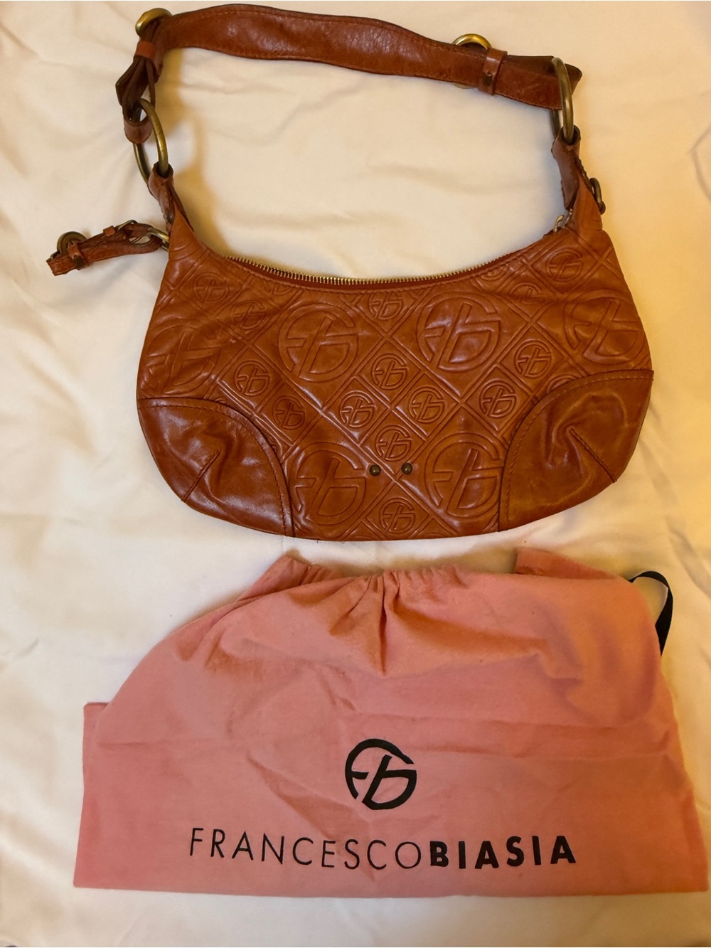 Francesco Biasia Embossed Brown Leather Shoulder Bag
